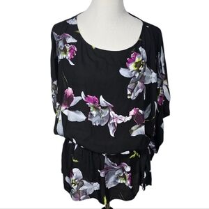 7th Avenue NY&C XL Black Floral Short Sleeve Blouse w/ Belt